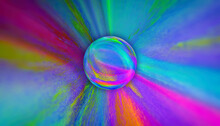 Grungy Colored Textured In Pink Violet Yellow Blue Green With Reflective Ball Sphere In The Middle
