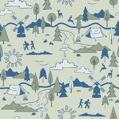 Sticker - Seamless vector pattern with camping landscape on grey background. Decorative lifestyle wallpaper design. Hiking fashion textile.