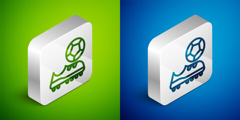 Wall Mural - Isometric line Football shoes icon isolated on green and blue background. Soccer boots. Sport football foot protection. Silver square button. Vector