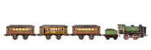 Vintage Rusted And Weathered Toy Passenger Train With Locomotive Isolated On White