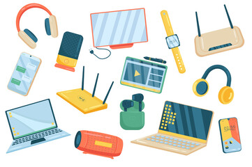 Electronics cute elements isolated set. Collection of headphones, monitor, watch, wifi router, smartphone, tablet with stylus, laptop, portable music column. Vector illustration in flat cartoon design