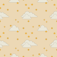 vintage seamless pattern with stars and clouds. boho style pattern. digital retro paper with celesti