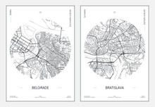 Travel poster, urban street plan city map Belgrade and Bratislava, vector illustration
