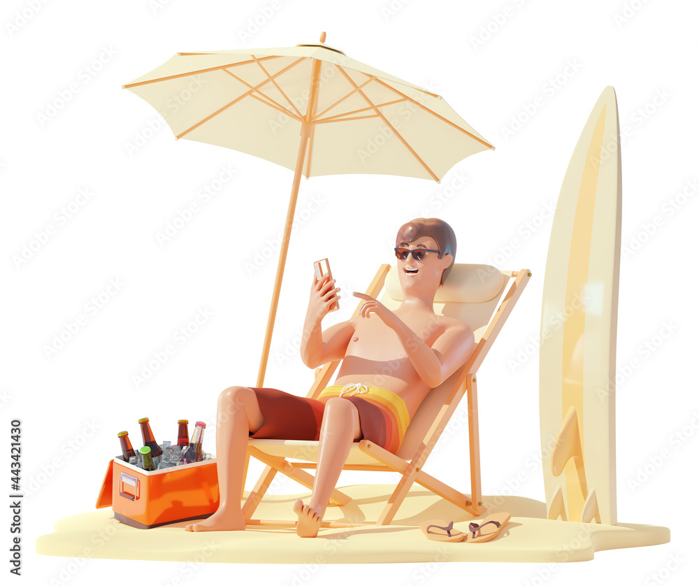 Summer beach travel and vacation. Young man in shorts sunbathing in deck chair with smartphone. Umbrella on sandy beach, surfboard, drinks in ice cooler box. Holidays on sea or ocean beach. 3d illustr - obrazy, fototapety, plakaty 