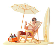 Summer Beach Travel And Vacation. Young Man In Shorts Sunbathing In Deck Chair With Smartphone. Umbrella On Sandy Beach, Surfboard, Drinks In Ice Cooler Box. Holidays On Sea Or Ocean Beach. 3d Illustr