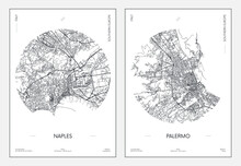 Travel Poster, Urban Street Plan City Map Naples And Palermo, Vector Illustration