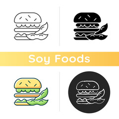 Sticker - Soy burger icon. Patty made from organic vegetables. Vegeterian type of popular foods. Healthy sybeans based meals cooking. Linear black and RGB color styles. Isolated vector illustrations