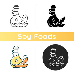 Wall Mural - Soybean oil icon. Vegetable based ingredients. Healthy meals preparation. Natural liquid for making salads. Vegan foods. Linear black and RGB color styles. Isolated vector illustrations