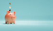 Pink piggy bank and US dollar coins falling on blue background for money saving and deposit concept , creative ideas by 3D rendering technique.