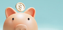 Pink Piggy Bank And US Dollar Coins Falling On Blue Background For Money Saving And Deposit Concept , Creative Ideas By 3D Rendering Technique.