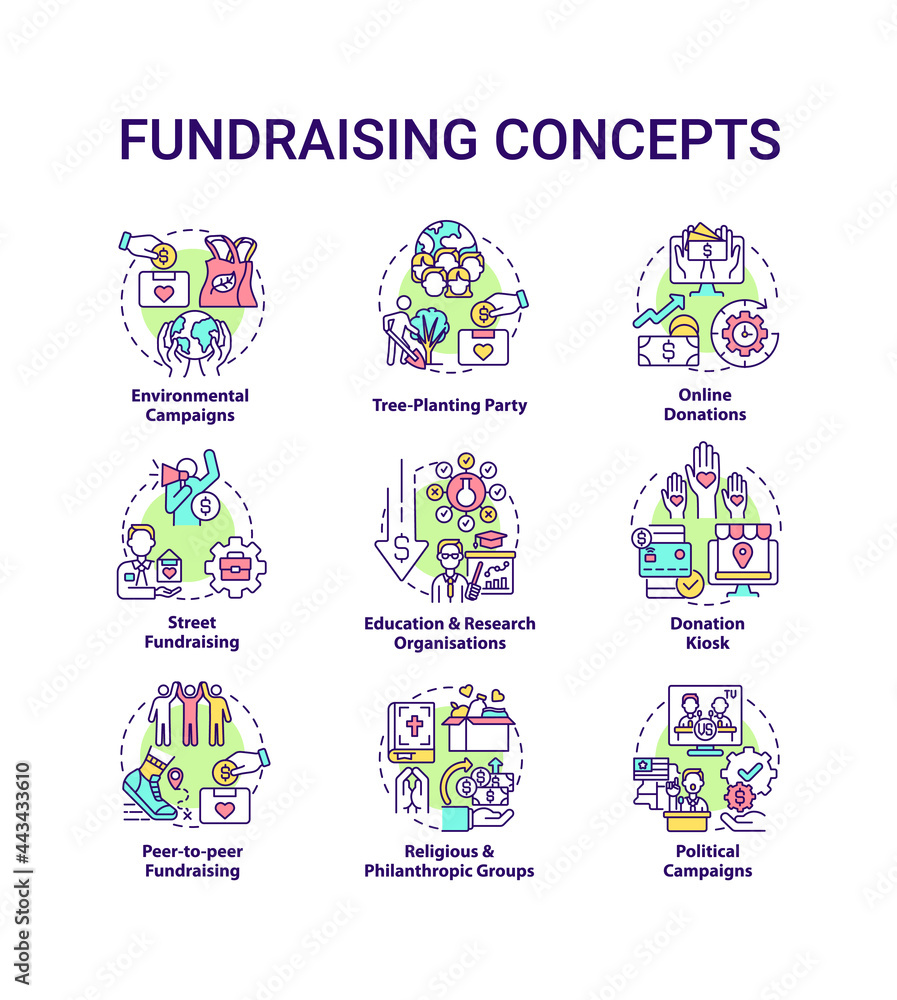 Support Campaign Fundraising concept icons set. Gathering financial support idea thin ...