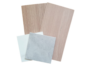 interior finishing material samples containing white and grey artificial marble stone swatch, oak wood laminated swatch isolated on white background with clipping path.