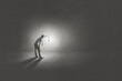 Leinwandbild Motiv Illustration of man with lantern in the dark, surreal concept