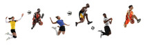 Sport Collage. Soccer Football, Volleyball, Basketball Players In Motion Isolated On White Studio Background.