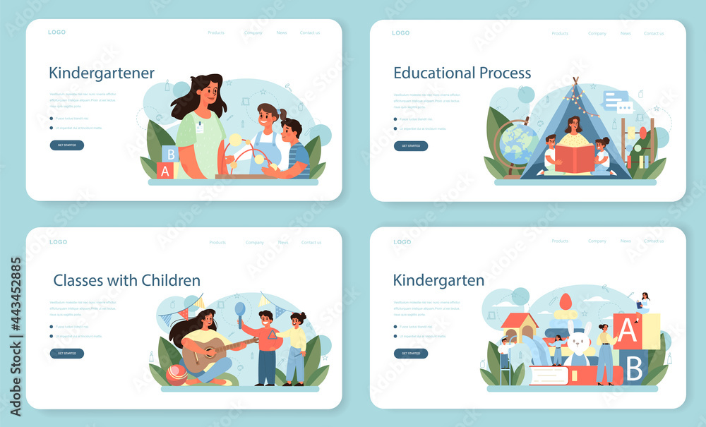 Kindergartener web banner or landing page set. Professional nany and children. - obrazy, fototapety, plakaty 