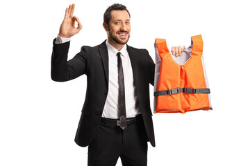 Sticker - Man in a suit and tie holding an orange life vest and gesturing an ok up sign