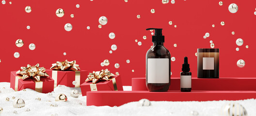 Wall Mural - Minimal product background for Christmas and winter holiday concept. Red podium, gift box and snow drifts on red background. 3d render illustration. Clipping path of each element included.