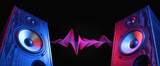 Fototapeta  - Two sound speakers in neon light with sound wave between them on black.