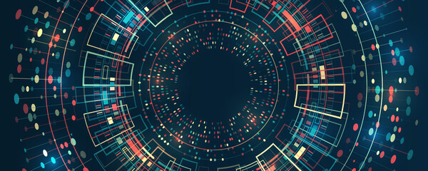 Abstract stream information with circles array and binary code. Filtering machine algorithms. Sorting data. Vector technology background. Wide Big data visualization. Information analytics concept.
