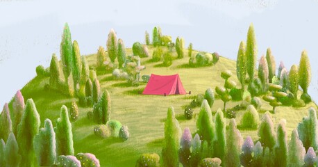 illustration of camping tent in forest, painting of nature landscape , fantasy art, mountains with t