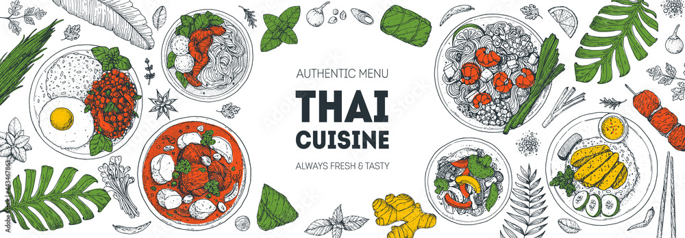 Thai food top view vector illustration. Food menu design template. Hand ...
