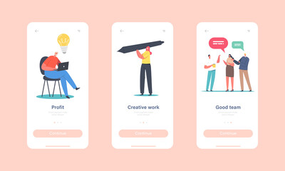 Wall Mural - Profit, Creative Work, Good Team Mobile App Page Onboard Screen Template. Tiny Female Character with Huge Pen, Idea