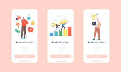 Wall Mural - Successful Project Mobile App Page Onboard Screen Template. Tiny Businesspeople Characters with Golden Key in Hands