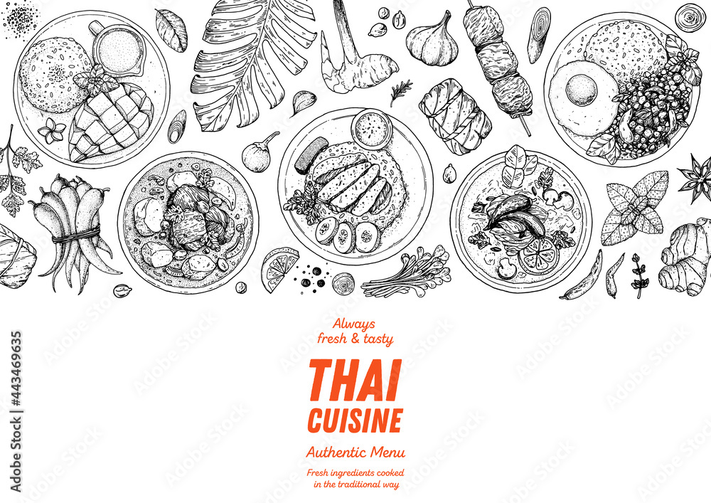 Thai food top view vector illustration. Food menu design template. Hand ...