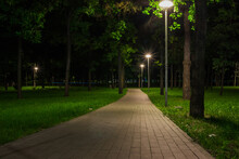 The Tiled Road In The Night Green Park With Lanterns In Spring. A Benches In The Park During The Spring Season At Night. Illumination Of A Park Road With Lanterns At Night. Mariinsky Park. Ukraine
