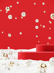 Wall Mural - Minimal product background for Christmas and winter holiday concept. Red podium and snow drifts on red background. 3d render illustration. Clipping path of each element included.