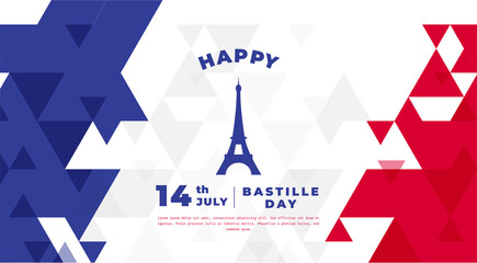 Banner illustration of Bastille Day celebration with Eifel Tower, Waving flag and hands clenched icon. Vector illustration.