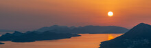 Orange Sunset. Islands With Mountain Peaks. Adriatic Sea. Dubrovnik, Croatia.