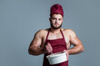 © be free - sexy chef in apron. muscular man cooking. healthy food and dieting. natural and organic only. handsome bodybuilder cook meal. food additives for sportsman. daily calorie diet
