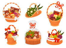 Collection Of Basket Gift Vector Flat Illustration Straw Buckets Packages Decorated With Ribbon