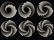 © dexdrax - Set of abstract black halftone dots.Black halftone dots in vortex form. Geometric art. Trendy design element.Circular and radial lines volute, helix.Segmented circle with rotation