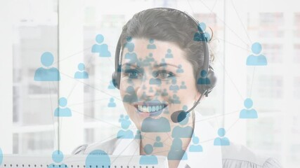 Sticker - Animation of networks of connections with icons over businesswoman using phone headsets