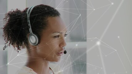 Poster - Animation of network of connections over businesswoman using phone headsets