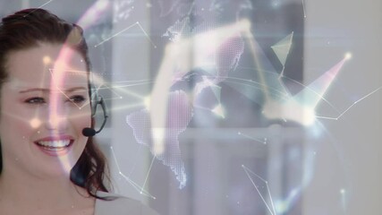 Poster - Animation of network of connections over business woman using phone headsets