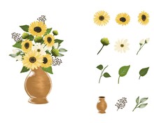Arrangement Of Watercolor Sunflower In Brown Vase With Flower Element, Twig, Bud And Leaves