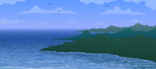Wall Mural - Vector illustration. Aerial view of island bay in ocean