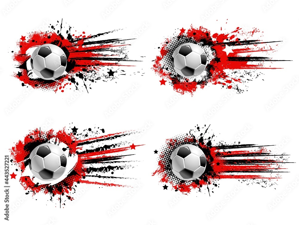 Soccer football sport grunge banners. Flying soccer ball, red and black paint splashes, drops and traces, grungy background with halftone and stars. Team sports tournament banner with paint smudges - obrazy, fototapety, plakaty 