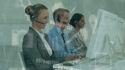 Canvas Print - Animation of numbers and icons over business people using phone headsets