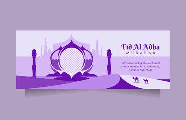 Wall Mural - Creative Eid al adha social media post and banner greeting with modern clean blue color. Horizontal Vector illustration islamic background with beautiful mosque design