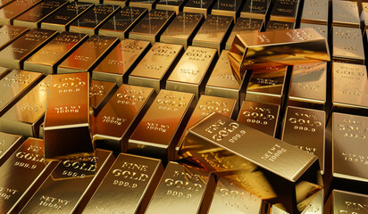 3D rendering of a Gold Bars stacked, group of gold bars. Luxury, treasure,