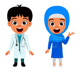 Wall Mural - Happy kid doctors nurse team character standing and posing waving