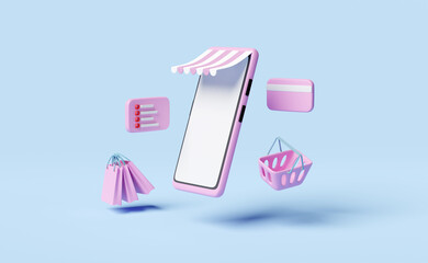 mobile phone or pink smartphone with store front,paper bags,scredit card,shopping basket on blue background ,online shopping concept,3d illustration or 3d render