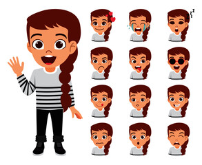 Cute beautiful kid girl character wearing beautiful outfit with different facial expressions and waving