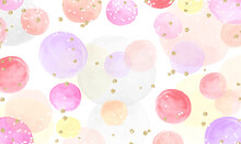 Colorful Watercolor Drops On White Background With Gold Glitter Confetti. Round Pink, Purple, Red And Yellow Alcohol Ink Watercolor With Golden Confetti. Hand Drawn Multicolor Dot Texture.Vector EPS10