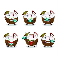 Wall Mural - Photographer profession emoticon with coconut drink cartoon character. Vector illustration