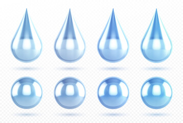 Wall Mural - blue water drops isolated on transparent background. vector realistic icon set of liquid droplet and